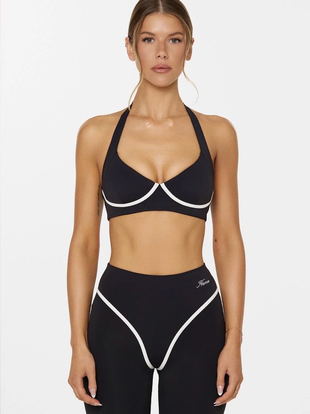 NEW Nama Black Halter Sports Bra with White Contrast Piping Leggings Set